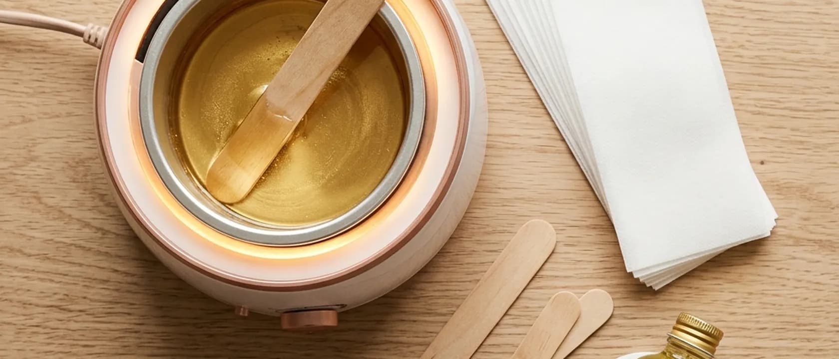 Ağda uygulaması için hazırlanmış ısıtıcı, spatula ve malzemeler