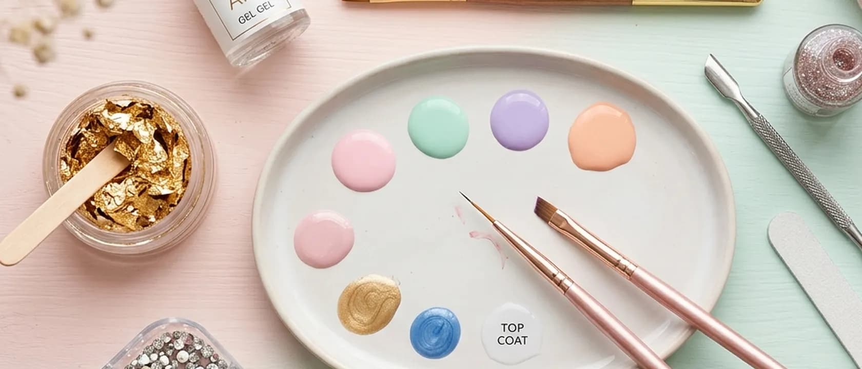 Nail art için ince fırçalar, renkler ve süsleme malzemeleri